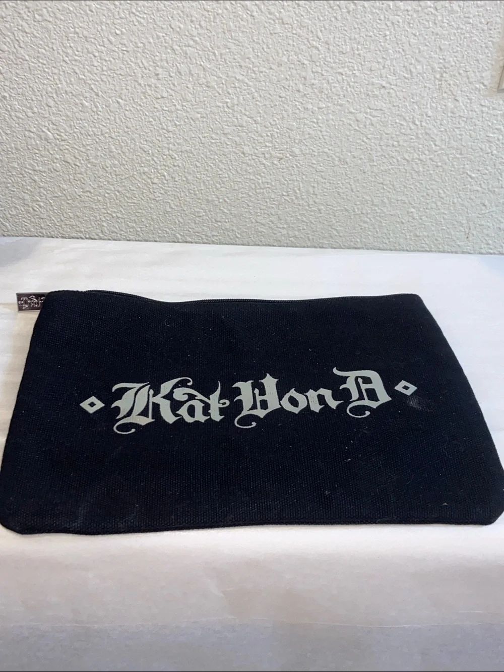 Kat Von D Black Canvas Logo Zip Pouch with Silver Hardware Sz 9.5”X6.5”